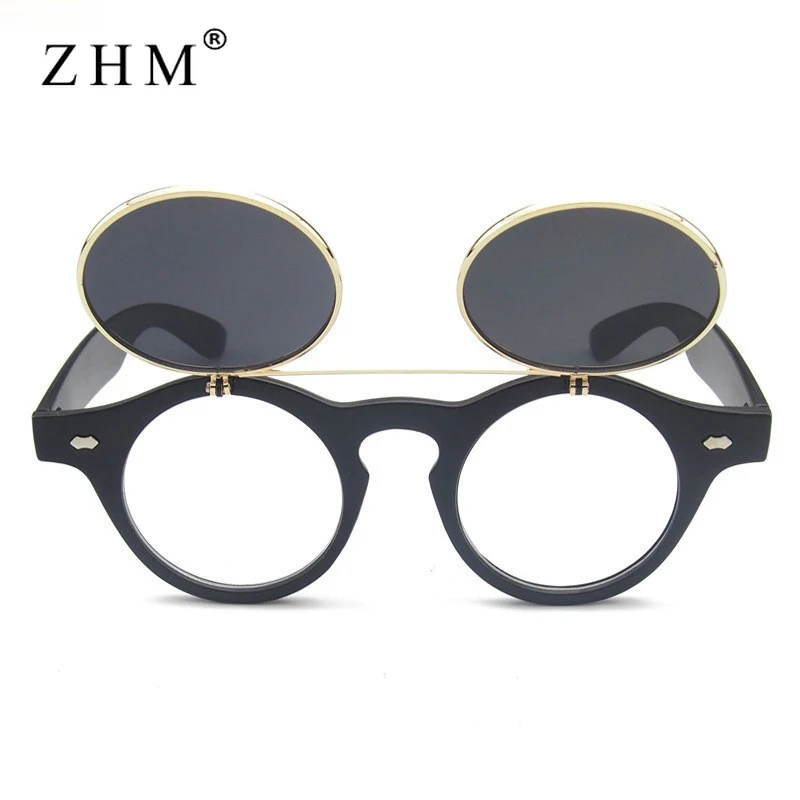 Fashion Vintage Round Steam Punk Flip Up Sunglasses Classic Double Layer Clamshell Design Gothic Sun Glasses Oculos De Sol