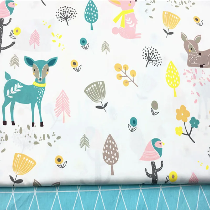 Adorable 50x160cm Forest Deer Rabbit & Geometric figure Printed 100% Cotton Fabric For DIY Sewing Quilting Decoration