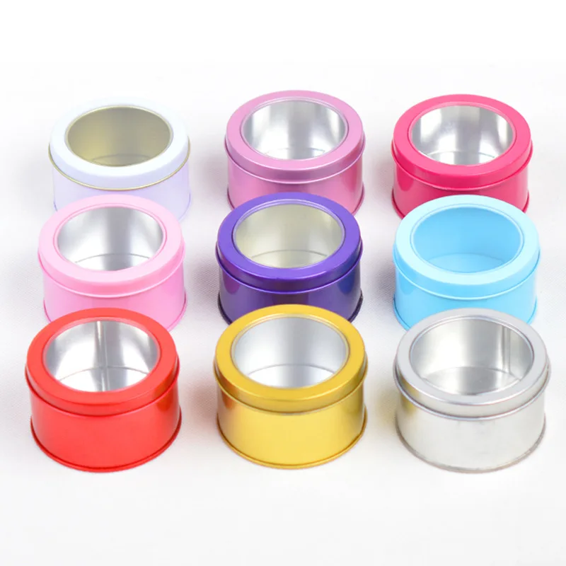 

300pcs colorful 75*45mm Window Lid metal containers 50g tin cans wedding candy box round tins with clear lids yellow gold red