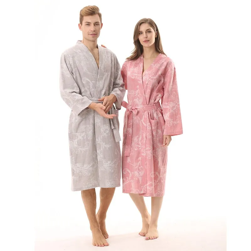 Lovers New Summer 100% Cotton Nightgown Bath Robe Women And Men  Sleepwear Double deck Gauze Sleepshirts Female Home Bathrobe