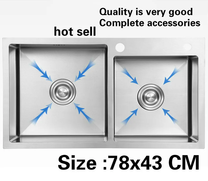 

Free shipping Apartment large kitchen manual sink double groove luxurious food grade 304 stainless steel hot sell 78x43 CM