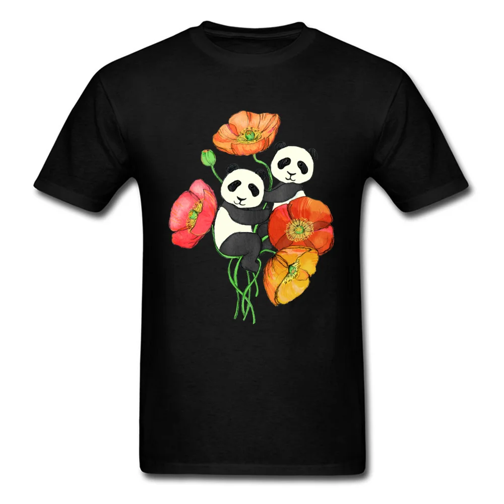 Funny 2018 Poppies And Pandas Print Men T-shirt Fashion Black Tees Summer Short Sleeve O-neck Floral Top Shirt