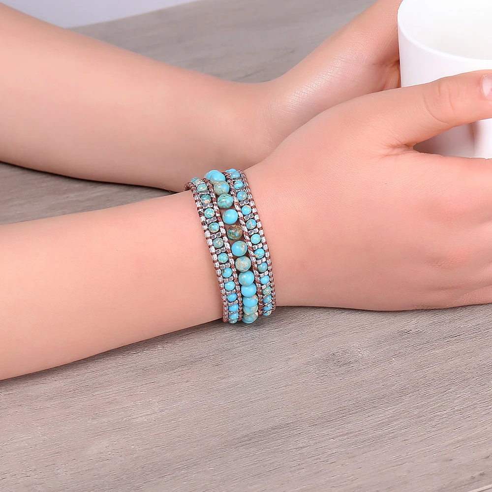 Women and Men Handmade 3 Row Wide Wrap Around Blue Turquoise Adjustable Bracelet Jewelry