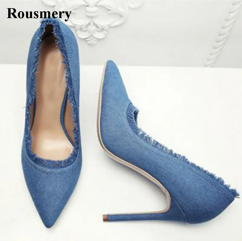 

New Design Women Fashion Pointed Toe Slip-on Denim Pumps Super High Fringes 12cm High Heel Jean Pumps Formal Dress High Heels