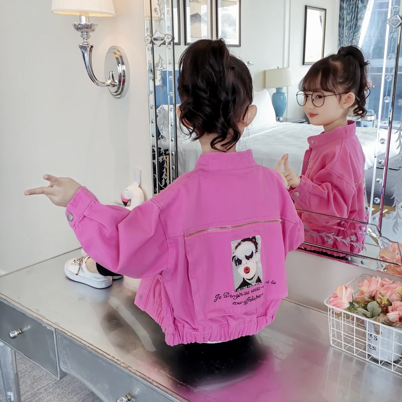 

Girls Fall Fashion Pink Denim Jacket Overcoat Children Outerwear Clothes Kids Spring Cartoon Pattern Long Sleeve Casual Coat B46