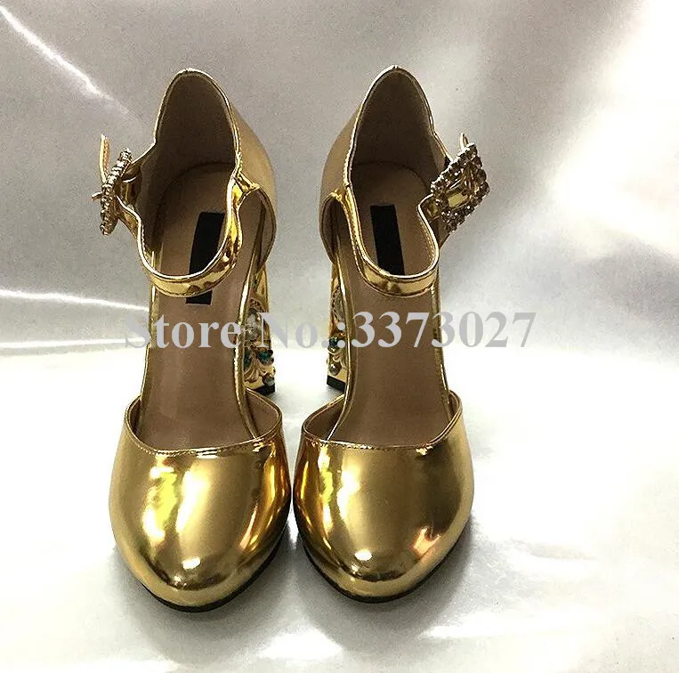 New Gold Color Rhinestone Chunky Heels Lady Sandals Jeweled High Heels Pumps Women Crystal Buckle Wedding Shoes Mujer Party Shoe