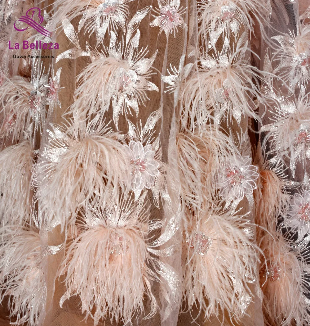 1yard New fashion style pink off white heavy handmade beads and Feathers on netting embroidery wedding dress party lace fabric