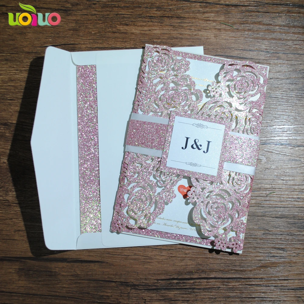 

Free DIY 25set Rose Gold Glitter Paper Invitation Card With Printed Card Tag ,rose Band Customzied Envelope Inside Glitter