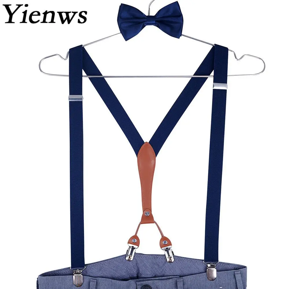 Yienws-Tirantes para hombre, corbata de lazo azul marino, tirantes para pantalones, 4 clips, tirantes para boda, YiA132