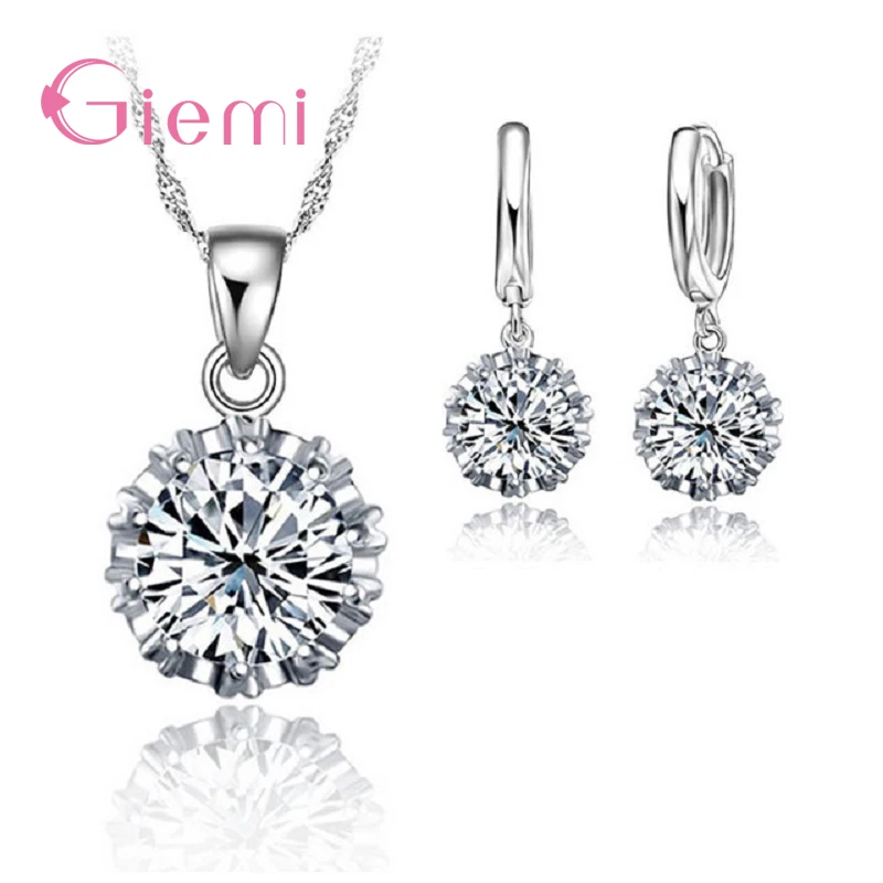 

Hot Sell Jewelry Set For women 925 Sterling Silver Pendant Necklace Hoop earring With Shiny Cubic Zirconia Charm Gift