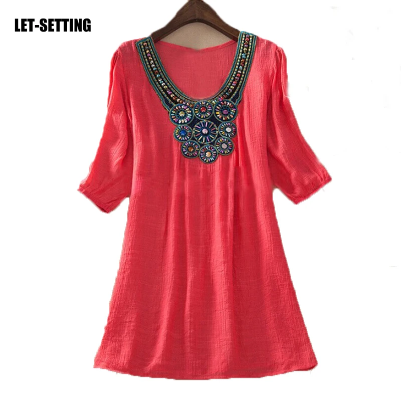 7 colors new fashion beads embroidery  increase large size women long bamboo cotton shirt LET-SETTING