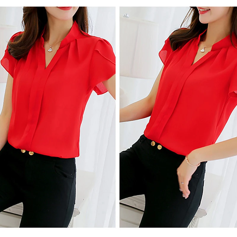 2023 Women Shirt Chiffon Blusas Femininas Tops Short Sleeve Elegant Ladies Formal Office Blouse  Chiffon Shirt clothing