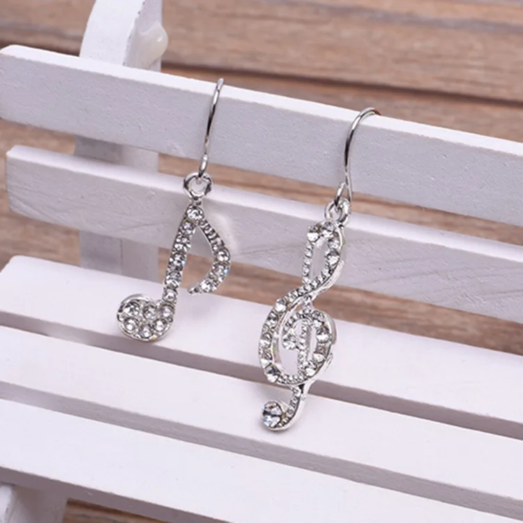 Asymmetric Personality Trendy Music Notes Ear Hook Crystal Silver Color Rhinestone Earring  Women Accessory Lady Dangle Earrings