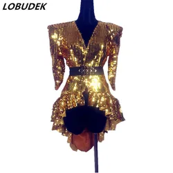 Gold Silver Sequins Swallow-tailed Jacket Women Magician Jazz Dance Team Tailcoat Sexy Nightclub Party Stage Performance Costume