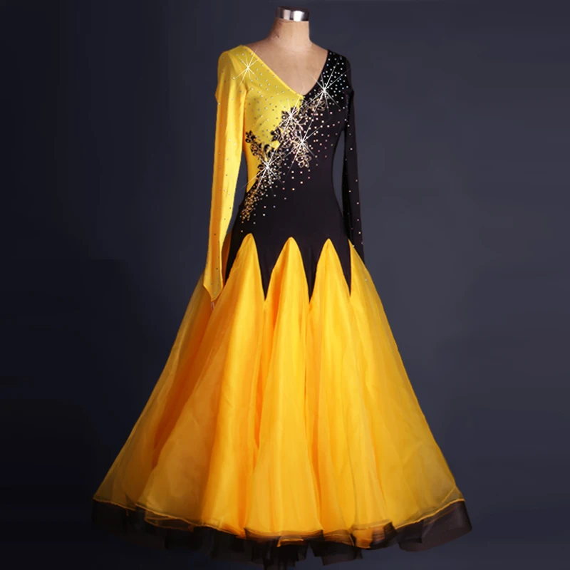 

customize yellow black rhinestone adult Viennese Fox trot Quick step tango Modern Waltz competition Ballroom Dance Dress