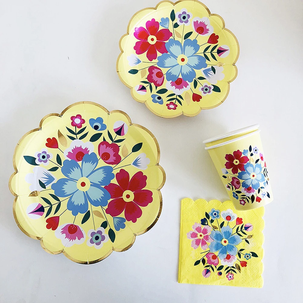 Disposable Tableware Sets Flower Paper Plates Cups Napkins Straw Party Supplies Kids Girl Baby Shower Wedding Birthday Decor