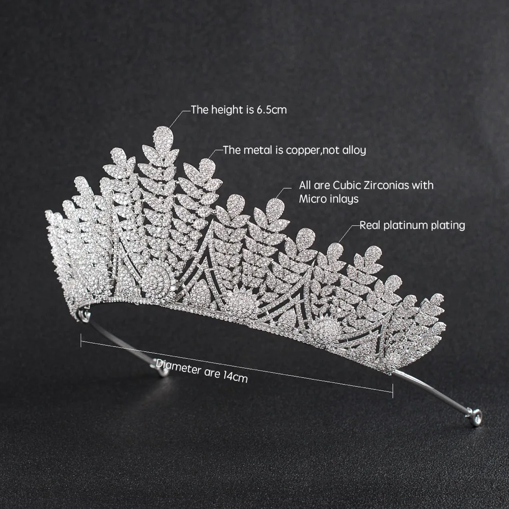 Crystals CZ Cubic Zirconia Wedding Bridal Royal Leaves Tiara Diadem Crown Women Prom Hair Jewelry Accessories CH10128