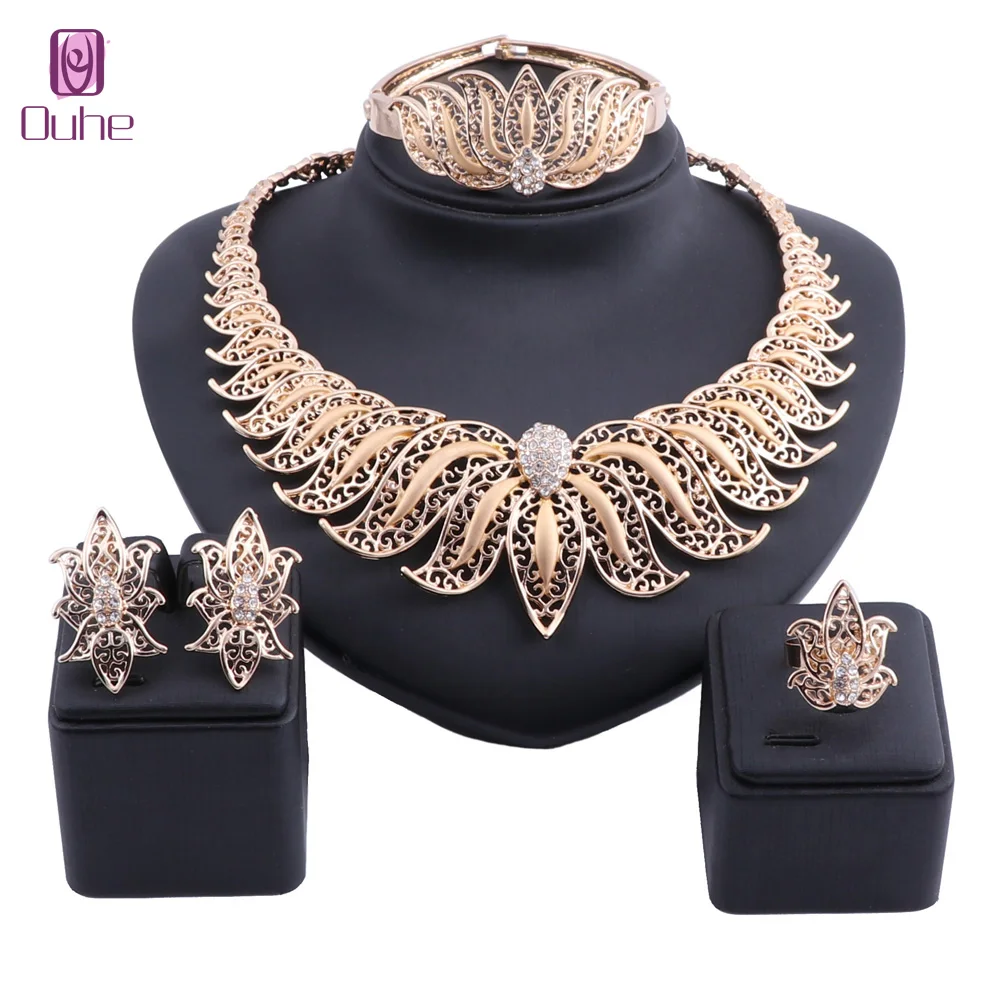 

Women African Jewelry Sets Gold Color Fashion Bridal Wedding Elegant Romantic Wedding Crystal Necklace Earring Jewelry Sets