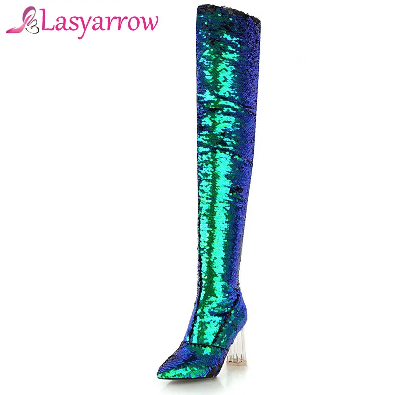 Lasyarrow Autumn Winter High Heels Sexy Over The Knee Boots Gold Silver Knight Boots Glitter Bling Bling Women Nightclub Boots