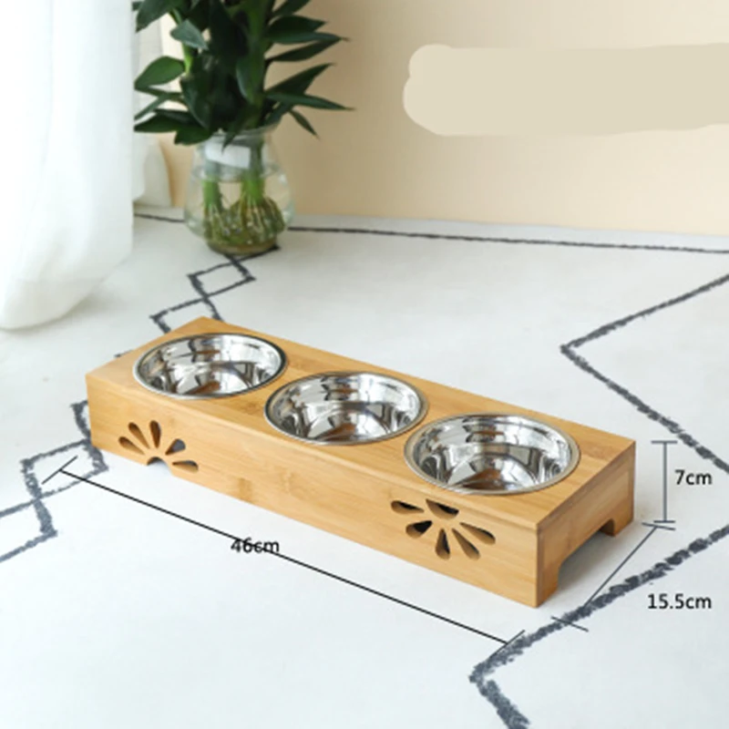 Dog Bowl Bamboo Holder Cat Feeder Ceramic Dog Double Bowls Stainless Steel Puppy Feeder Detachable Pet Bowl