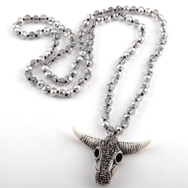 Fashion Glass Crystal Long Knotted Handmade Paved Bull Head Charm Pendant Necklace And Women Necklaces