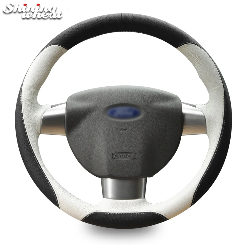 Shining wheat Black White Genuine Leather Car Steering Wheel Cover for Ford Focus 2 2005-2011 (3-Spoke)