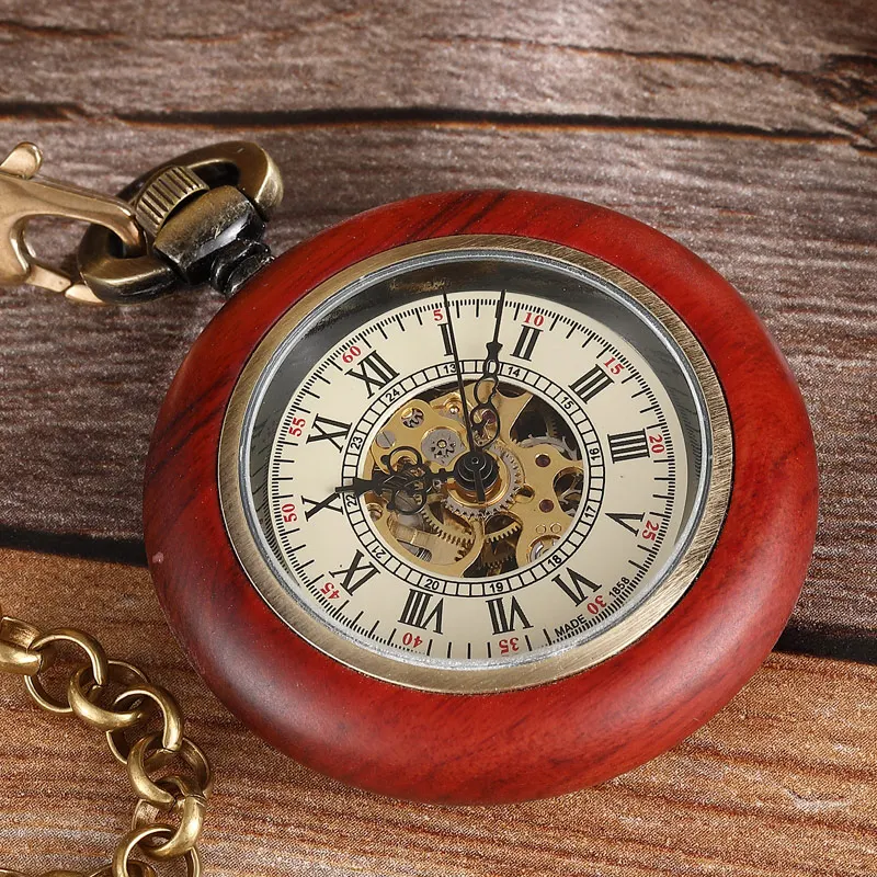 Reloj de bolsillo mecánico con caja de madera Vintage para hombres, reloj de esqueleto con cadena FOB colgante para niños y mujeres, números romanos, mano de viento