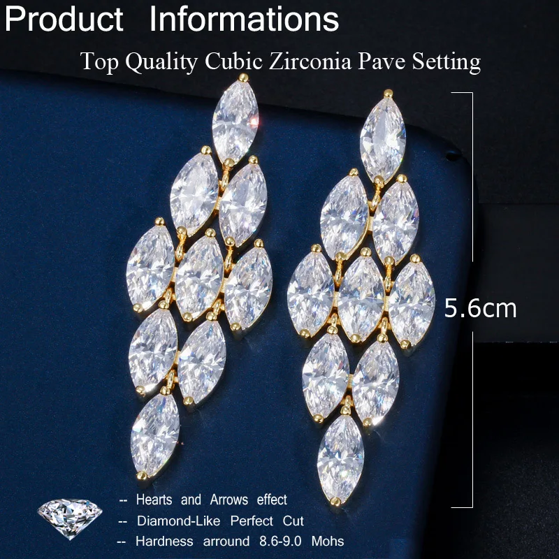 CWWZircons Stunning Marquise Cut Cubic Zirconia Stone Dubai Gold Color Long Big Dangle Wedding Party Earrings for Women CZ570