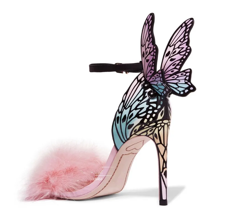 New Fashion Back Colorful Butterfly Women Sandals Ankle Strap Pink Fur Thin 10 CM Heels Ladies Party Dress Shoes Print