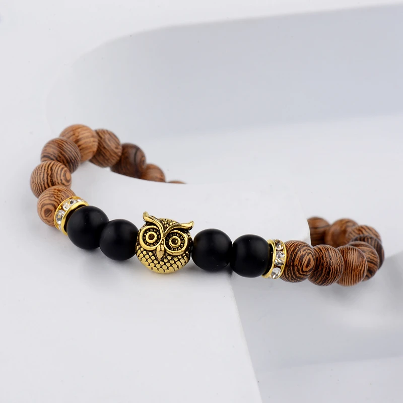 Wood Beads Bracelets Gold&Silver Color Owl &Black Beads Bracelet Women Retro Prayer Jewelry Yoga Dropshipping