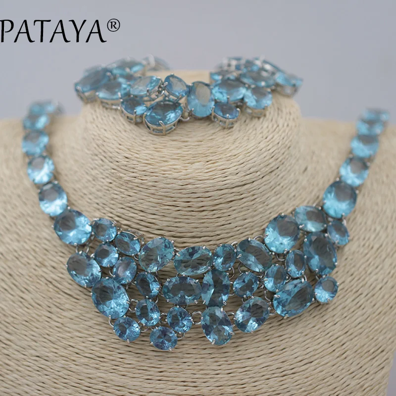 

PATAYA New Arrivals Blue Natural Artificial Zirconia Bracelets Necklaces Set Original Design Women Platinum Color Jewelry Sets