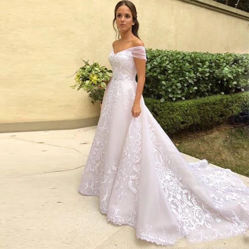 Luxury A-line Wedding Dresses Off The Shoulder Tulle Sleeves Vintage Appliques White Bridal Gowns Chapel Train Robe De Mariee