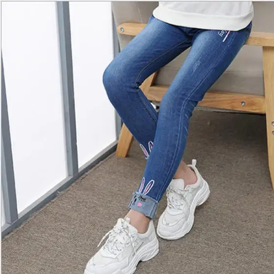 2024 Spring New Fashion Girls Cartoon figure Middle Waist Soild Color Cartoon Jeans Baby Trousers Cotton Denim Long Pants3-12Y