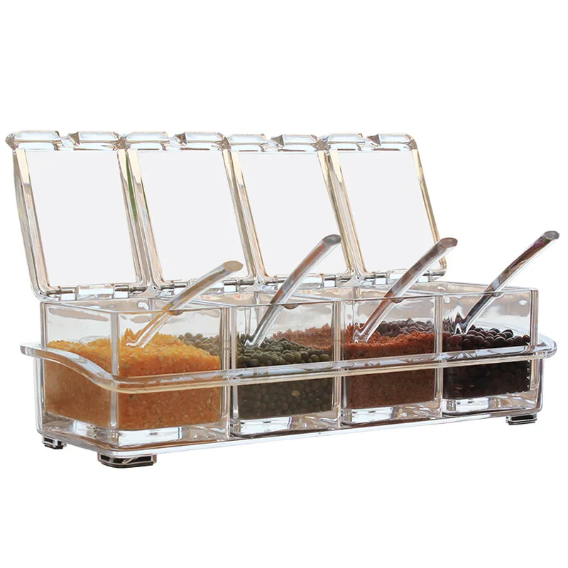 Clear Seasoning Rack Spice Pots - 4 Piece Acrylic Seasoning Box - Storage Container Condiment Jars - Cruet with Cover and Spoon