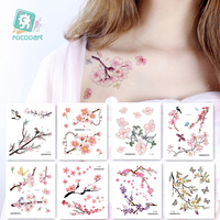 Rocooart Flowers Fake Sakura Tattoo Stickers Chest Taty Waterproof Tatoo Brid Cherry Blossom tree For Women Tattoo Body Taty