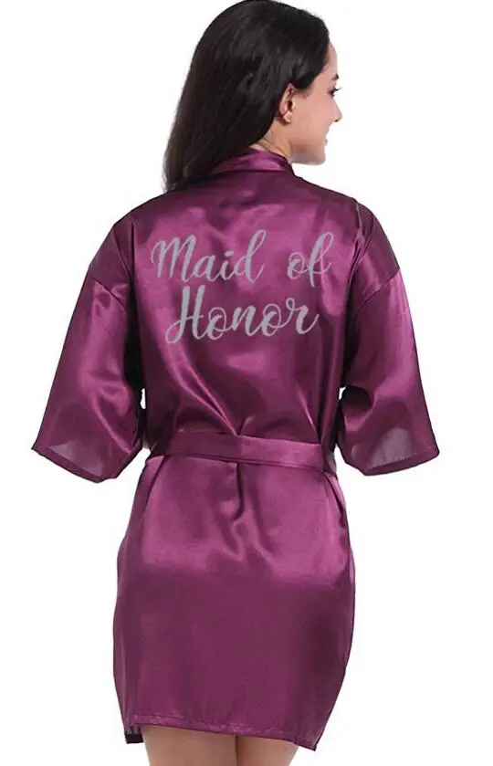 new purple robe silver writing mother of the groom robes wedding Short Bride kimono bridesmaid satin robe drop shipping