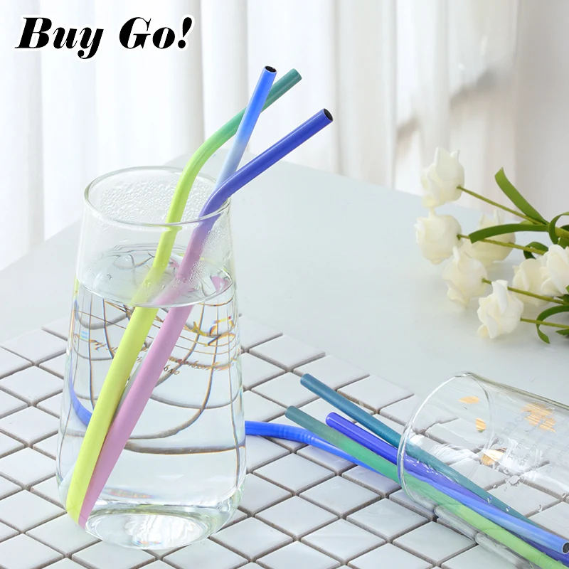 2PCS Stainless Steel Straws Amazing Color Change With The Temperature Change Reusable Metal Curving & Straight Drinking Straws