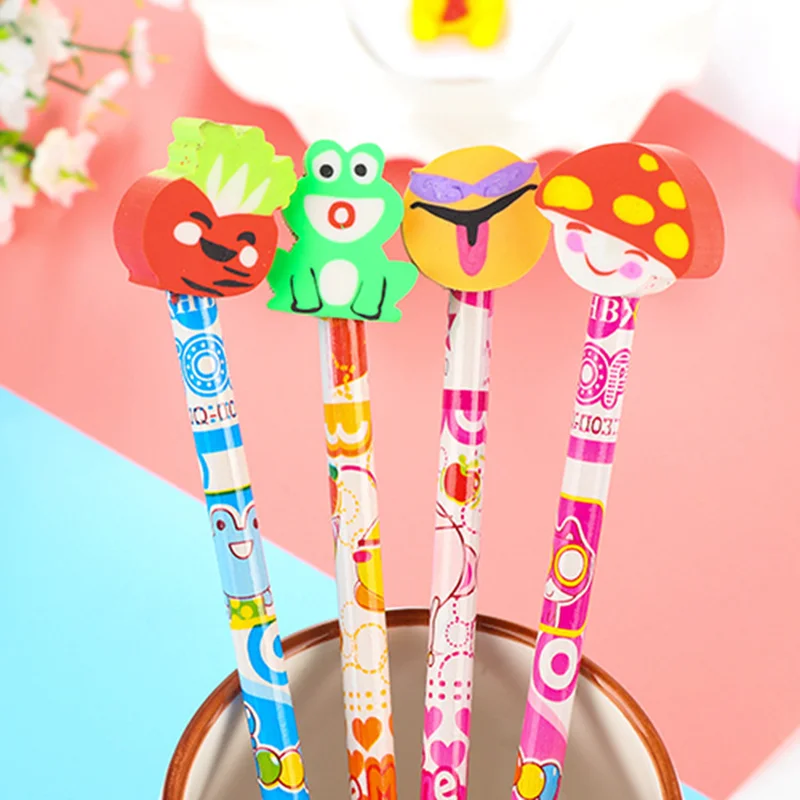 Creative Cute Kawaii Animal Head Rubber Cartoon Wooden Pencil Student Gift Learning Prize Stationery School Office Supplies 2 Pc