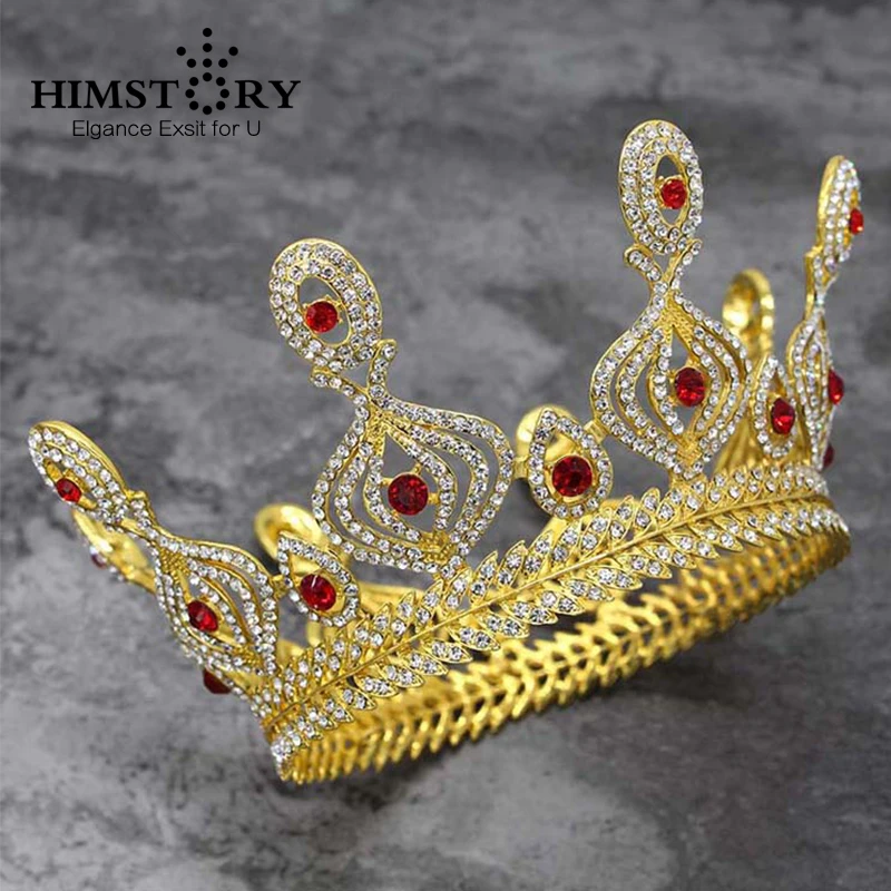 HIMSTORY Gorgeous Red White Crystal Wedding Full Quinceanera Tiara Bridal Hair Accessories Luxury Pageant Big Crown