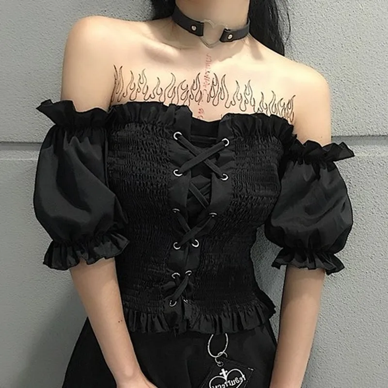 Sexy Ruffle White Blouses Women Harajuku Gothic Off Shoulder Girls Crop Tube Top Punk Lace Up Cross Short Sleeve Slim Fit Shirts