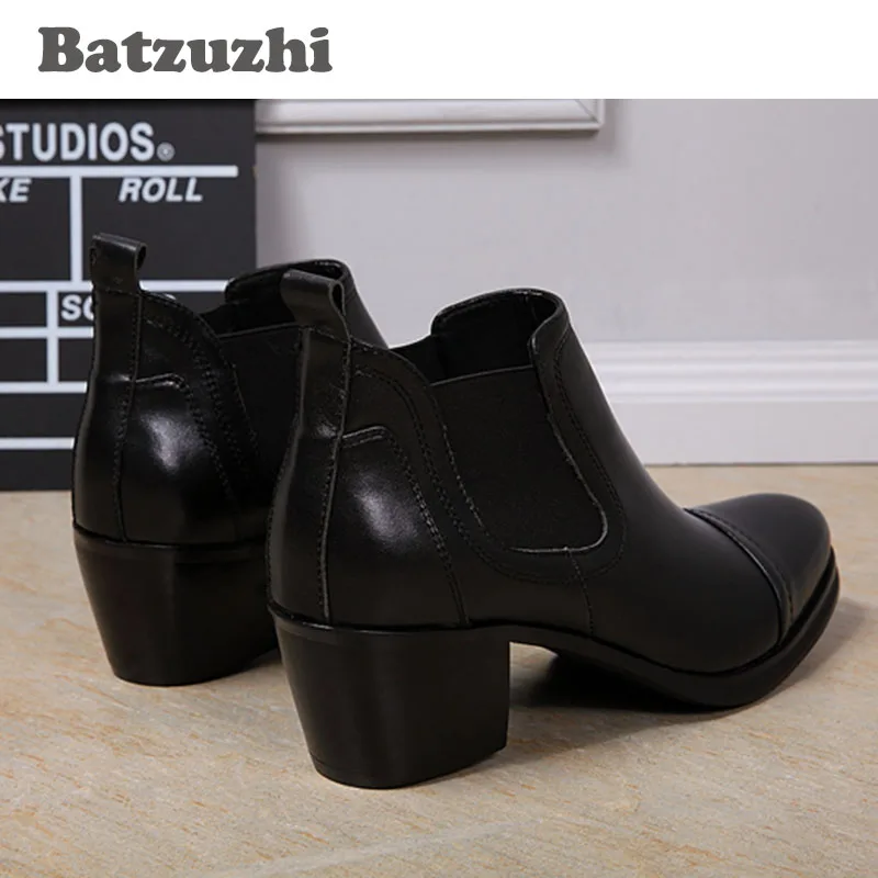 Batzuzhi 6.5CM Heels Men Boots Black Ankle Boots Genuine Leather Men Business Wedding Shoes Zapatos Hombre,  big sizes 46