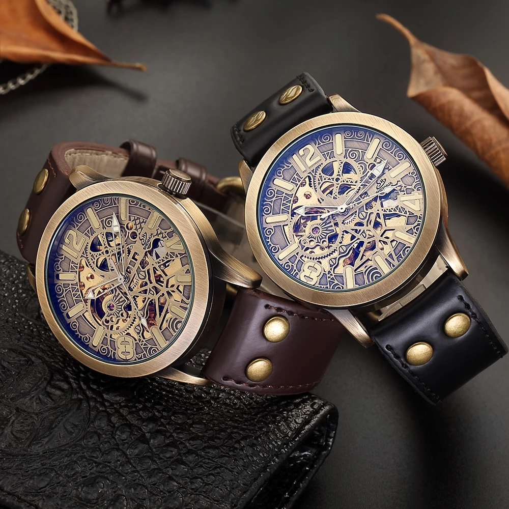 2022 New Hollow carved Men\'s Retro Bronze Automatic Watches Skeleton Brand Luxury relogio Stainless Steel Mechanical Wristwatch