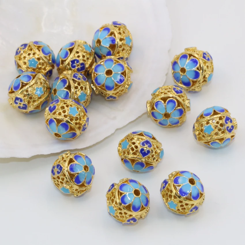 Top quality round ball hollow carved enamel cloisonne 13*14mm 5pcs gold-color spacers accessories beads fashion jewelry B2515