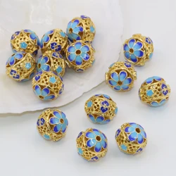 Top quality round ball hollow carved enamel cloisonne 13*14mm 5pcs gold-color spacers accessories beads fashion jewelry B2515