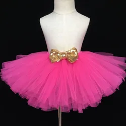 Baby Girls Pink Tutu Skirt Kids Fluffy Tulle Skirts Ballet Dance Pettiskirts with Gold Sequin Bow Children Party Skirt 15Colors