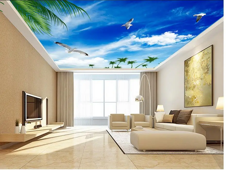 

Blue sky Seagull ceiling 3d mural designs Wallpapers for living room ceiling Non woven wallpaper Home Decoration