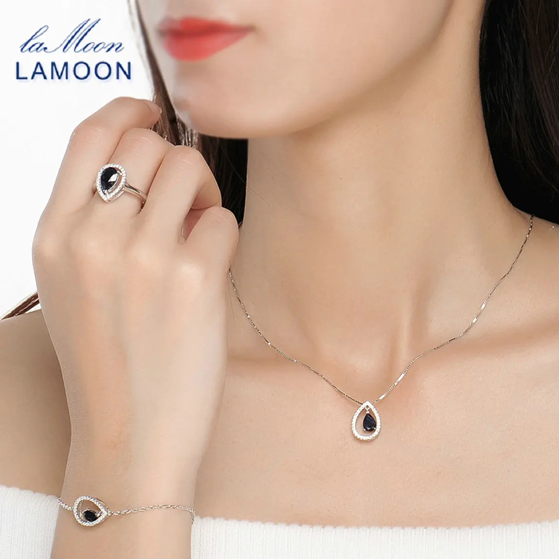 LAMOON Teardrop 100% Real Blue Sapphire Sterling Silver S925 Fine Jewelry Set  For Women Water Drop Earring Ring Necklace V040-2