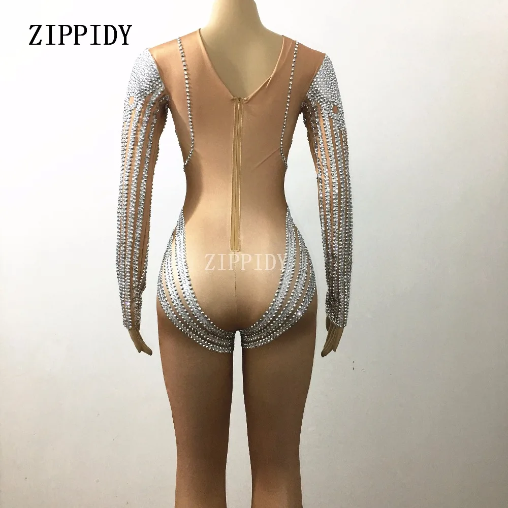 Glisten Rhinestones Sparkly Silver Crystals Jumpsuit Costume Performance Outfit Party Celebrate Bodysuit Female Singer Rompers