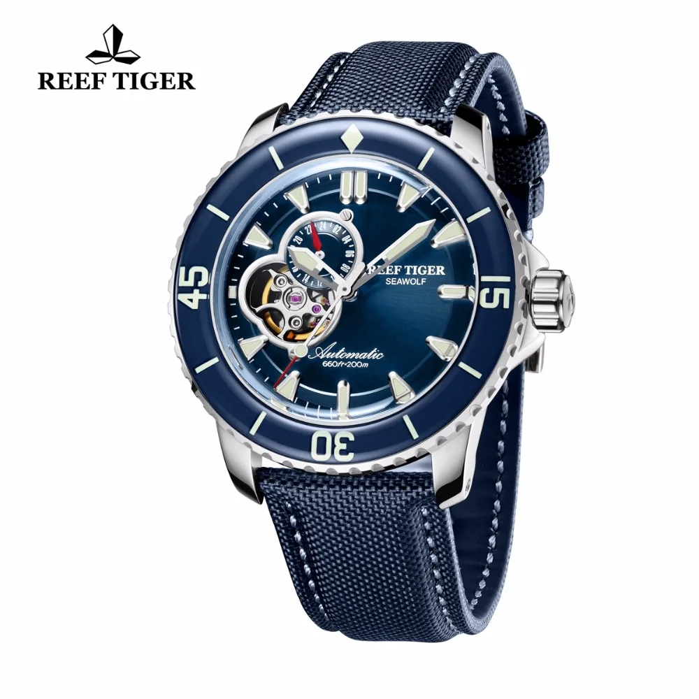 Reef Tiger/RT Mens Dive Watches Nylon Strap Blue Dial Watches Luminous Automatic Watch with Date RGA3039