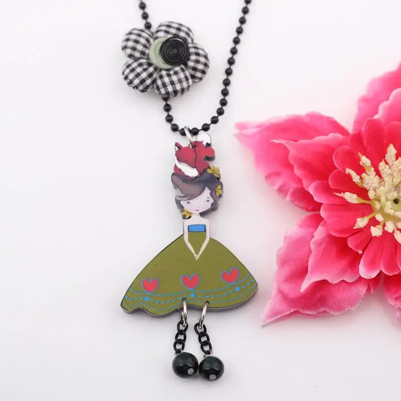 Bonsny gentle girl & pendant necklace collar colorful for girls lovely cute figure acrylic woman jewelry fairy wings